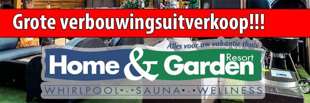 Illustratie: banner over de verbouwingsuitverkoop van Home and Garden Resort. Uitverkoop!