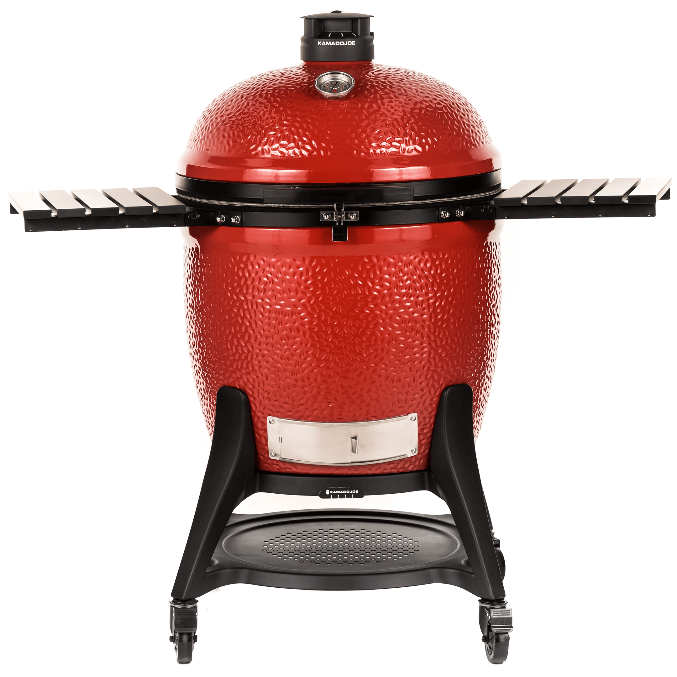 Foto van de Kamado Joe Big Joe 3 bbq grill. Op de foto zijn de tafeltjes aan de zijkant van de barbecue uitgeklapt.